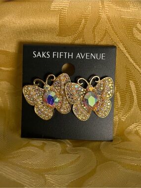 Saks Fifth Avenue Golden Butterfly Earrings with Iridescent Centers